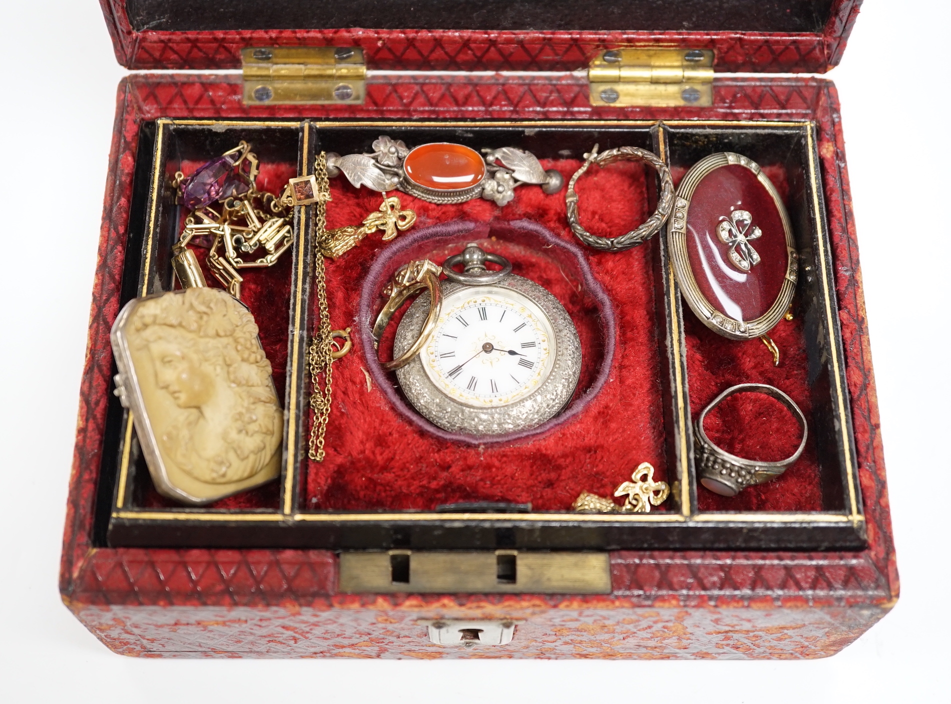 A quantity of assorted jewellery including a lava brooch, Italian 925 necklaces, costume jewellery including earrings etc. and a lady's Swiss white metal fob watch.